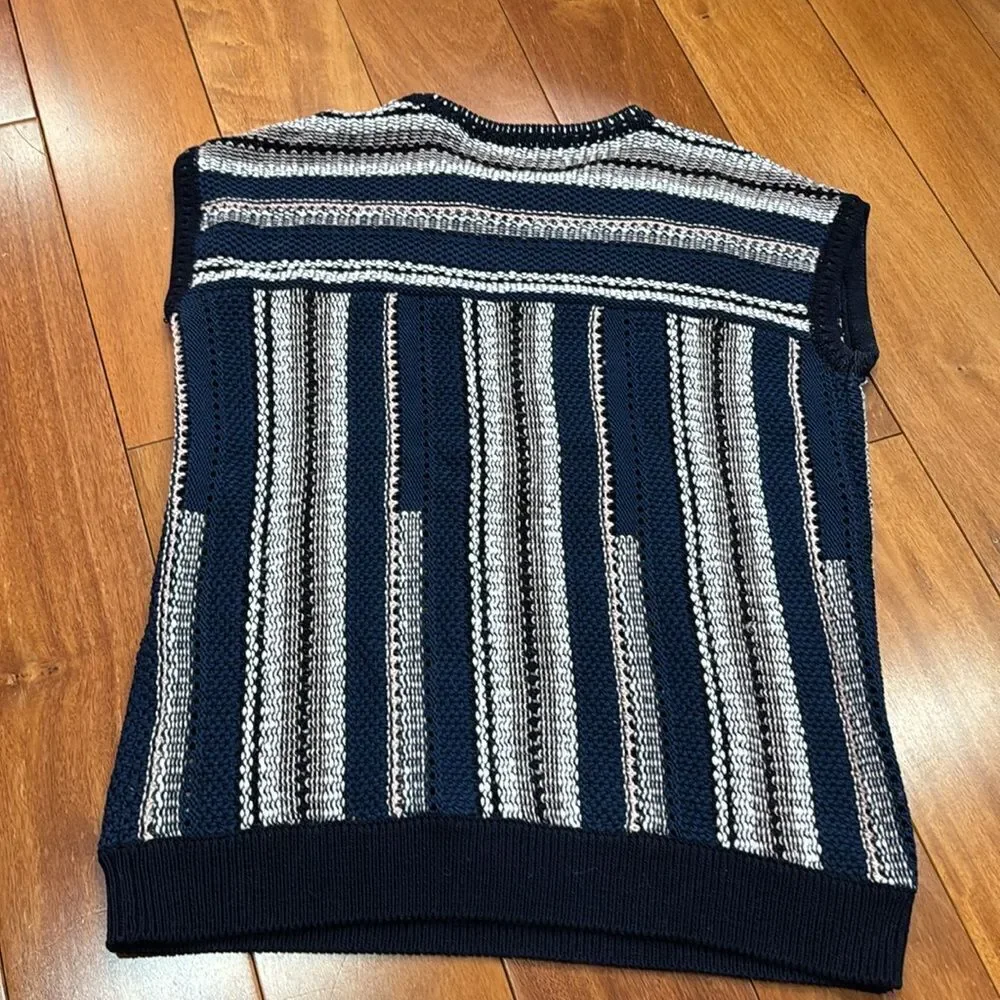 Tory Burch Knit Linen Blend Navy Blue‎ Striped Crochet geometric Top Size XS